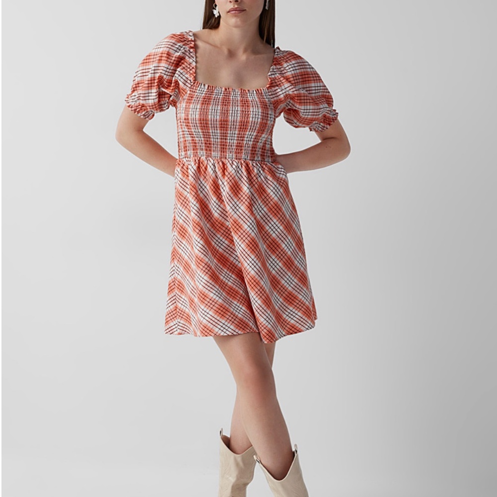 Check pink coral and white smocked puff sleeve square neck peasant dress NWT